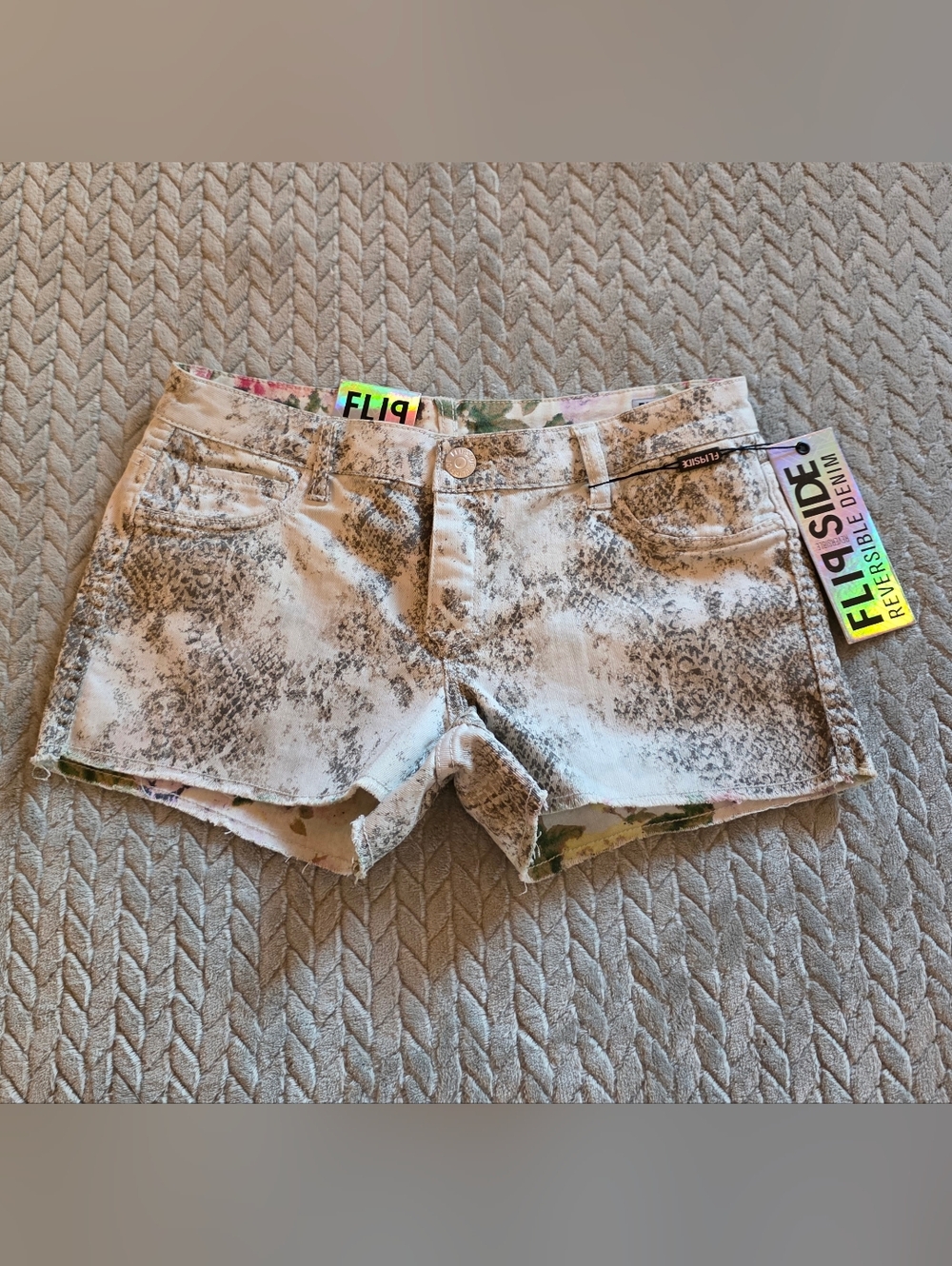 Flipside Reversible Snake / Floral Denim Jean Shorts - Pink Multi